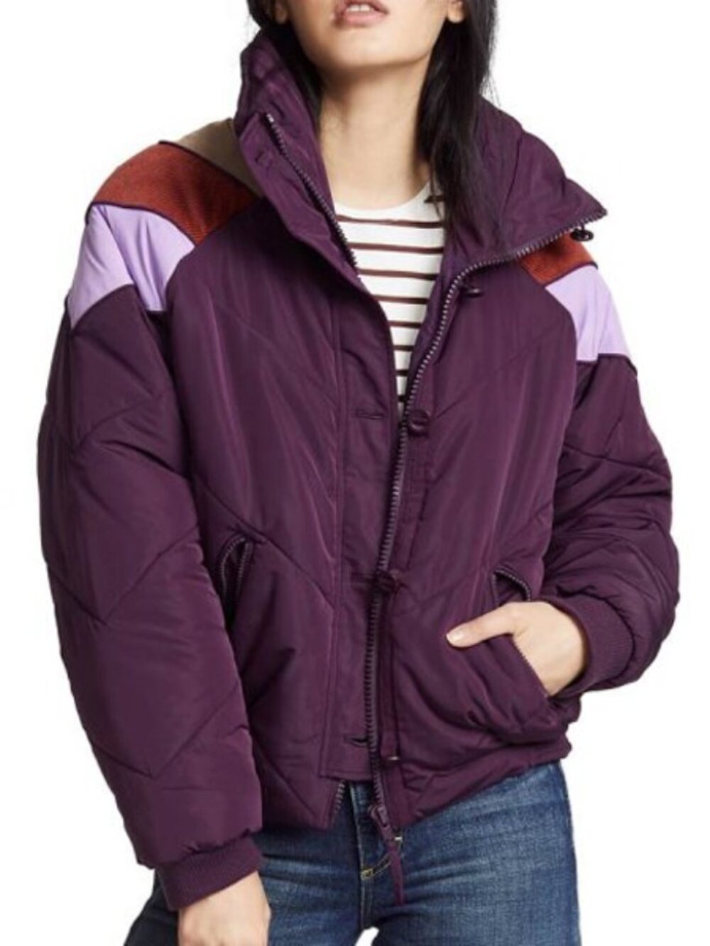 NEW Free People Heidi Ski Puffer Jacket XS in Wine Purple Retro Colorblock $128 - Picture 2 of 16